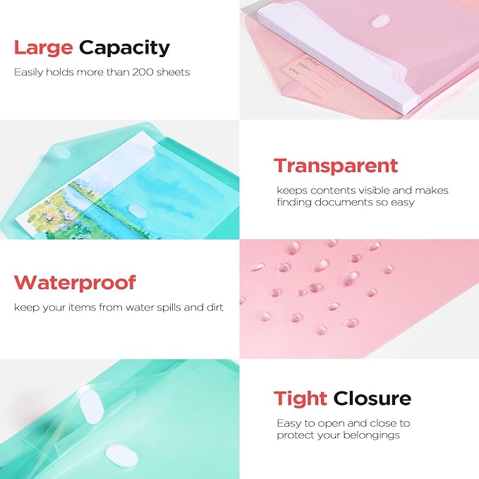 Sooez 5 Pack Plastic Envelopes, Plastic File Folders, Clear Folders for Documents Trendy Colors, Super Heavyweight Document Holders, Storage Pouches, File Envelopes for School Office Supplies