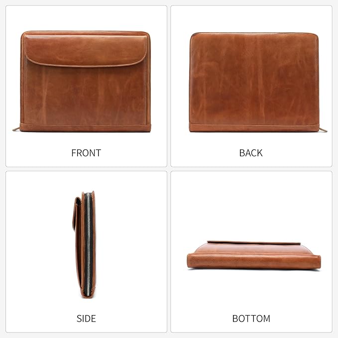 Genuine Leather Portfolio for Men Women Zipper Business Resume Padfolio Organizer Binder A4 Meeting Folder13 inch brown