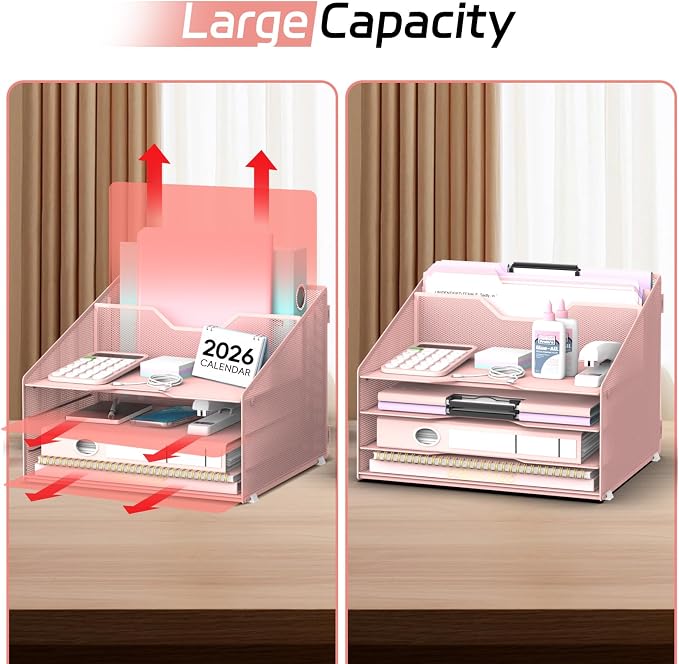 Desk File Organizer, Paper Organizer with 4 Letter Trays and 2 Vertical Upright Sections, Desk Organizers and Accessories for Office, School, Home (Pink)