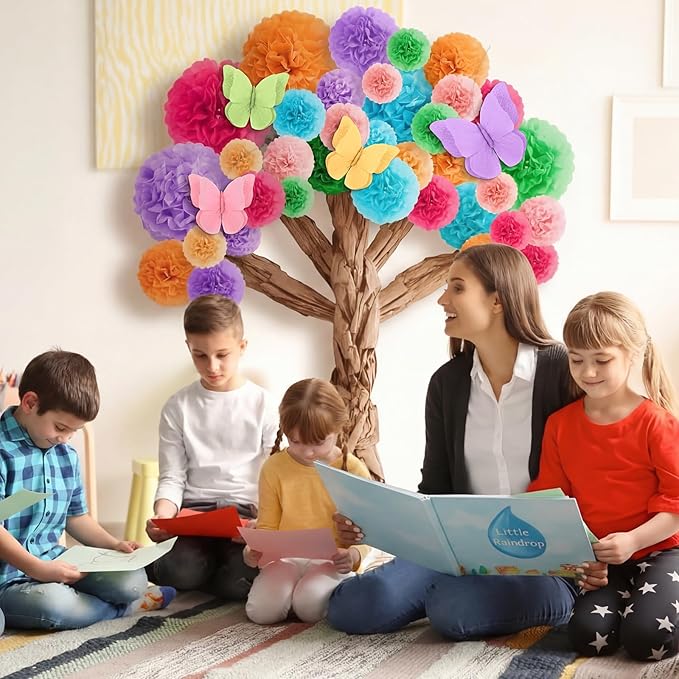 Pasimy 3D Cardboard Tree for Classroom Wall Bulletin Board - DIY Blooming Tree with Paper Pom Poms Pastel Butterflies Kraft Crafts for Kindergarten Preschool Elementary Daycare School Decorations