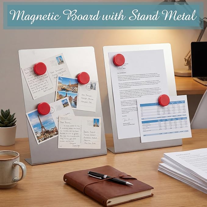Fainne 2 Pcs Magnetic Bulletin Board with Easel Stand Mini Magnet Metal Tabletop Memo Display Board for Back to School Menu Table Office Supplies (Silver,11 x 8.5 Inches)