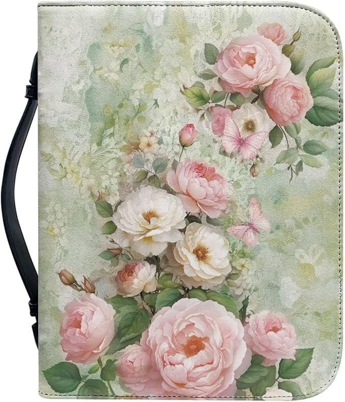 Pink Flower Print Bible Carrying Case for Girls Book Protector for Book Lovers Bible Study Supplies Accessories Christian Gifts for Women Large Quilted Bibles Case with Handle-XXL
