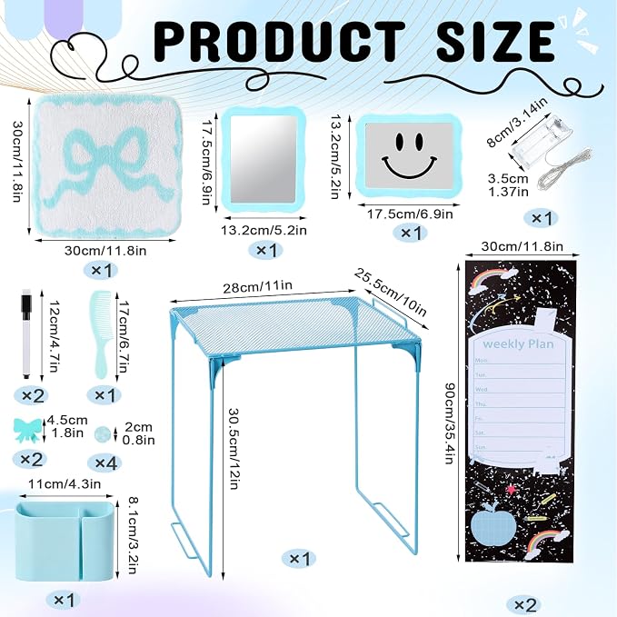 16 Pcs Locker Accessories Kit, School Locker Organizer Set with Shelf, Magnetic Mirror, Pen Holder, Whiteboard Marker, Plush Rug and Wall Decals (Blue)