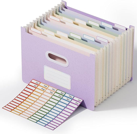 ThinkTex 12-Pocket Accordion File Organizer, Upright Open Top, Monthly Tabs, High Capacity Wheat Straw Expanding File Folder, Fits Letter A4 & Manila Folders for School Home Office -Lavender Purple