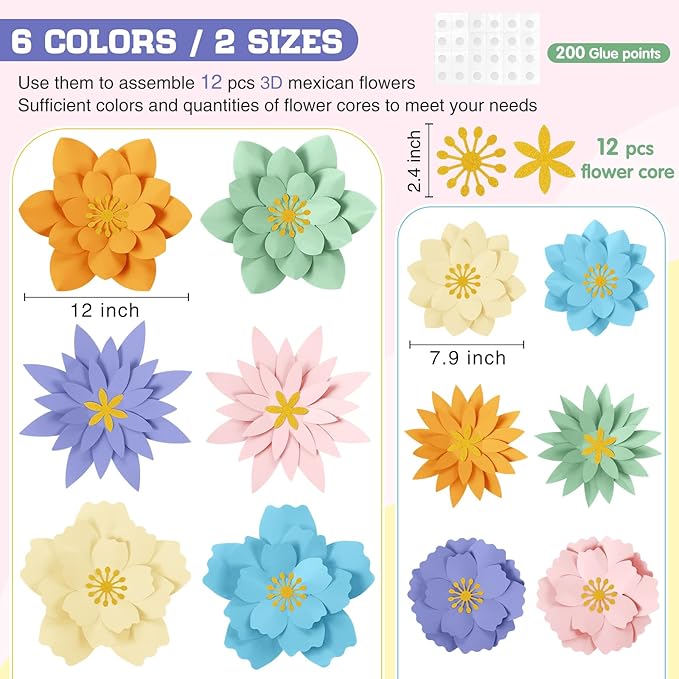 MotiMind 12 Pcs Paper Flowers Decorations for Wall DIY Paper Flowers Bulletin Board 3D Handcrafted Backdrop Decoration for Classroom Back to School Party (Pastel Color)