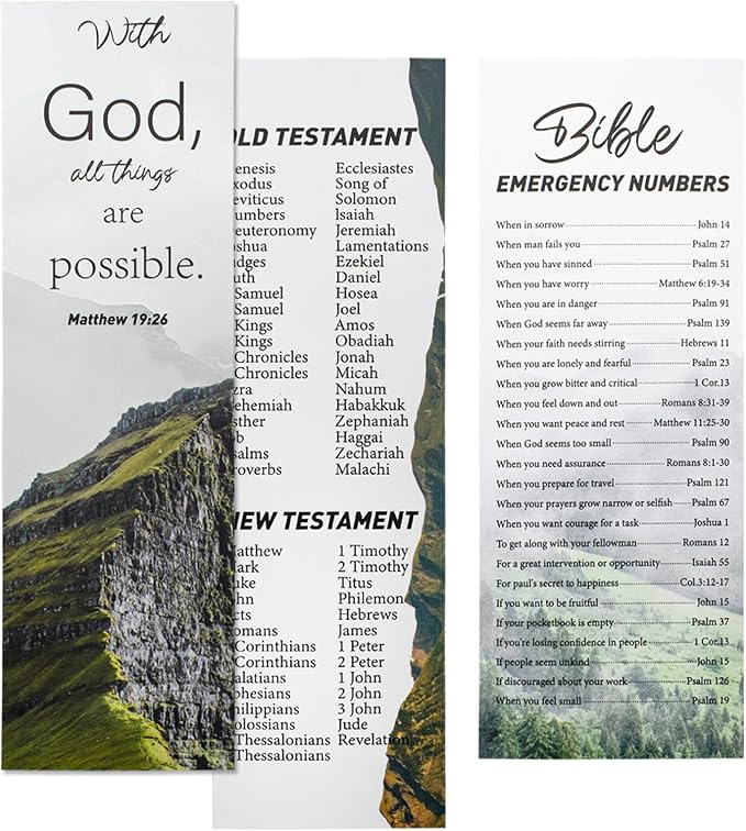 VANRA 20 Pack Books of The Bible Bookmark + 20 Pack Bible Emergency Numbers Christian Bookmarks Bulk Large Print Book Markers for Reading Religious Church Gifts for Prayers Women Men