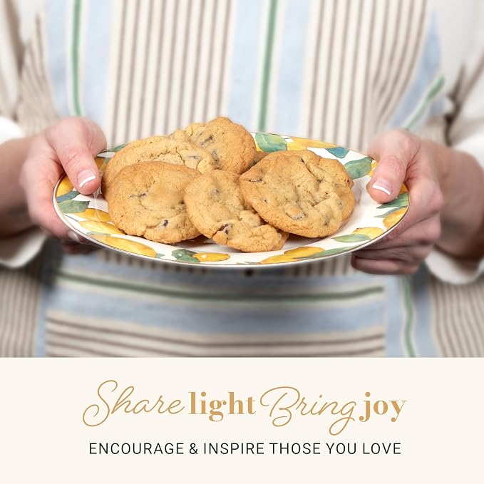 Christian Art Gifts Round 9" Decorative White Ceramic Salad & Dessert Plate for Home & Kitchen: Rejoice Always Inspirational Bible Verse, Food Safe Novelty Kitchenware, Gold Rim, Bright Yellow Lemons