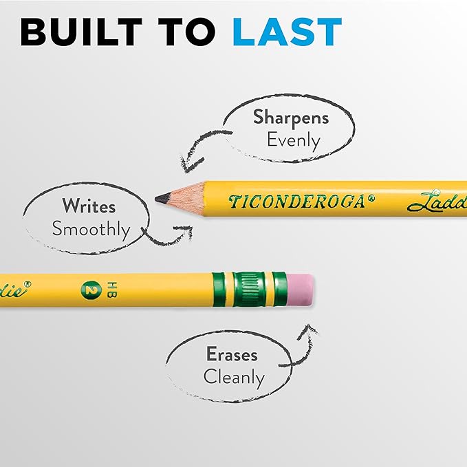 Ticonderoga Laddie Wood-Cased Pencils, #2 HB Soft, With Erasers, Yellow, 12 Count