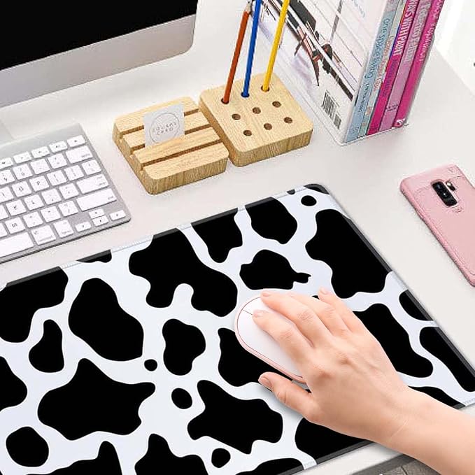 Cute Cow Pattern Desk Pad - Large XL 31.5''X 11.8'' Gaming Mousepad - White & Black - On Top of Desks - Laptop Computer Keyboard Mouse Mat