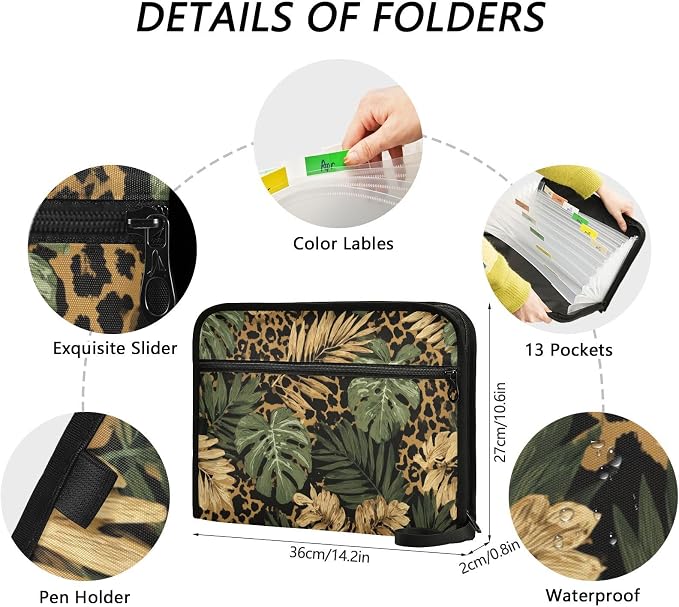 ALAZA Retro Palm Leaves Leopard Spots Expanding Filing Folder, 13 Pockets Expandable Document Organizer Folder with Zipper Closure for Home Office A4 Letter Size Paper Document