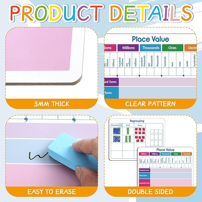 Qeeenar 12 Set Dry Erase Place Value Whiteboard with Markers and Eraser, 9 x 12 Inch Double Sided Dry Erase Board for Teaching Place Values, Math White Board for Kids Student