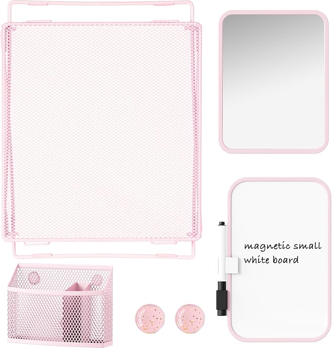 Svartur Pink Locker Accessories with Locker Shelf, Magnetic Mirror, Magnetic Pen Holder, Magnetic Small Whiteboard, Back to School Essentials Locker Decorations, 7 Piece Locker Organizer for Work