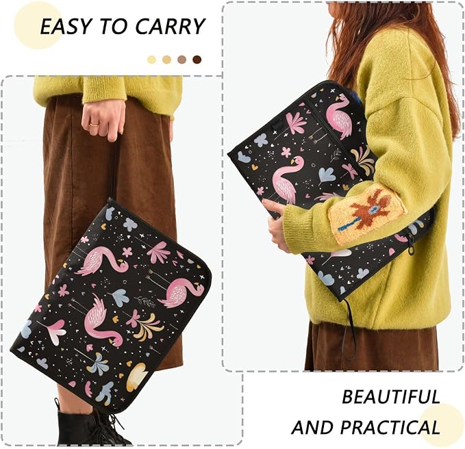 Pink Flamingo Black File Folders,Plastic Folders with 13 Pockets,Expandable File Folder for Documents School Students Office,Aesthetic Folder with Labels A4 Letter Size
