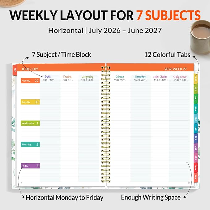 SUNEE Teacher Planner 2026-2027 Academic Year, Lite Lesson Planner Book with 7 Periods Jul 2026 - Jun 2027, 8.5"x11" Daily Weekly and Monthly Organizers, Plan Book with Pocket, Color Tabs, Full Leaf