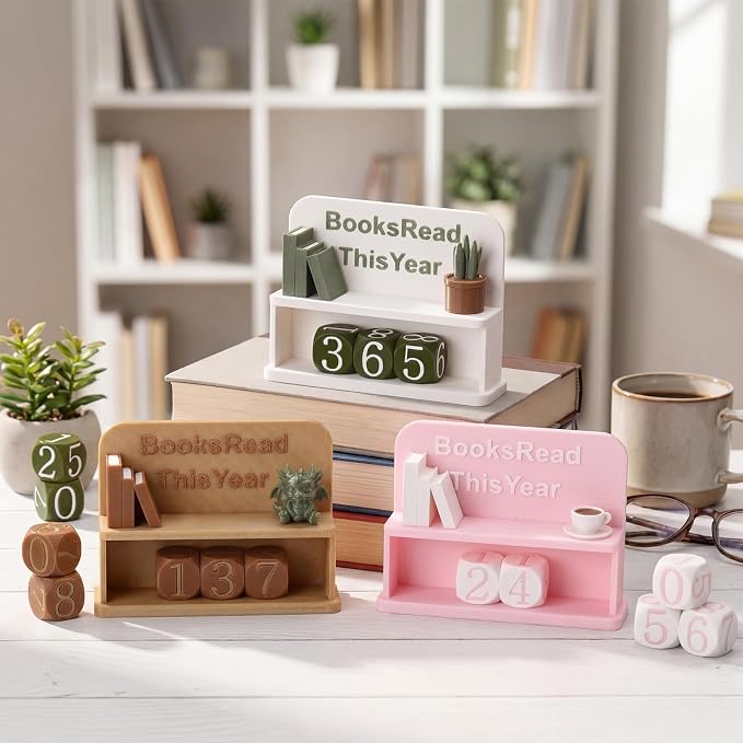BreezeHug Pink and White Books Read This Year Counter Manual Flip Book Number Tracker with Decorative Fake Book & Dice for Reading Goal, Library Decor Gift for Readers Teacher Writers Lover (Style C)
