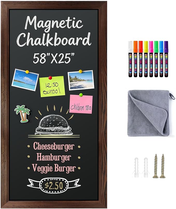 Large Magnetic Chalkboard for Wall, 58 x 25 Inch Solid Wood Framed Brown Magnetic Board, Wall Mounted Chalk Board for Kitchen, Restaurant, Food Truck and Calendar Board