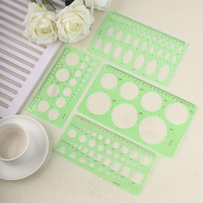 4pcs Circle Template for Drawing, Transparent Plastic Drafting Tool Various Geometric Round Circle and Oval Stencil Formwork Ruler Measuring Tool for Office School Building Drawings (Green)
