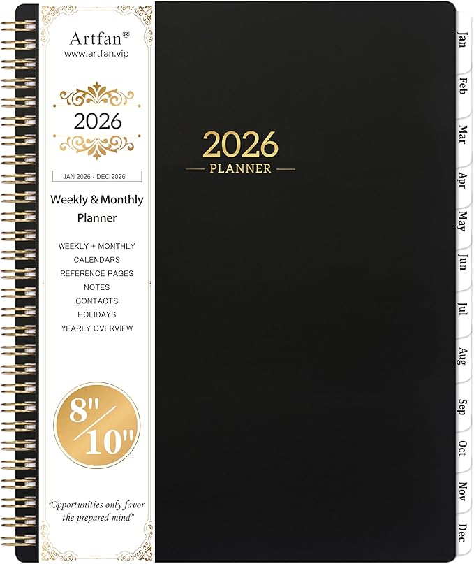 2026 Planner - Calendar/Planner 2026 Weekly and Monthly with Tabs, 8" x 10", Jan. 2026 - Dec. 2026, Flexible Cover + Twin-Wire Binding + Calendars, Daily Organizer - Black