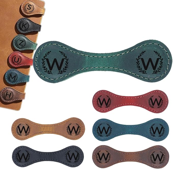 Magnetic Leather Bookmark with 26 Initial for Reading Women,Personalized Magnet Book Marks Gifts for Men,Book Lovers (Green, W)