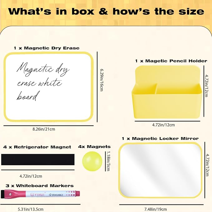 Denylo pro Magnetic Locker Accessories Kit Back to School Essentials Locker Organizer Supplies Includes Whiteboard Mirror Storage Box Dry Erase Marker and More for Back to School Essentials，Yellow