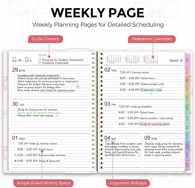 SKYDUE 2026-2027 Monthly and Weekly Academic Planner, July 2026-June 2027, 8.5"x11", Agenda Calendar with Colorful Tabs and Storage Pocket, Ideal for School Office Supplies