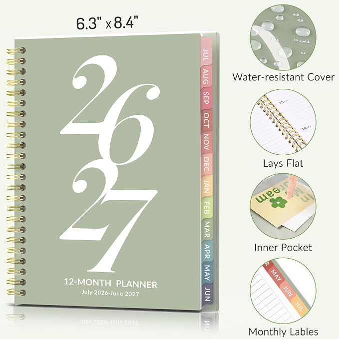 Forvencer Planner 2026-2027, July 2026 - June 2027, 6.3" x 8.4" Academic Planner Monthly and Weekly Calendar Planner with Spiral Bound, Month Tabs, Flexible Cover for School Office (A5, Green)