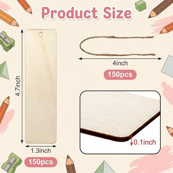 Cididu 150 Pieces Wood Blank Bookmark, DIY Wooden Craft Bookmark with Ropes | Unfinished Hanging Gift Tags Ornaments, Rectangle Crafts Blank for Wedding Birthday Party Decor Christmas , 4.7'' x 1.3''
