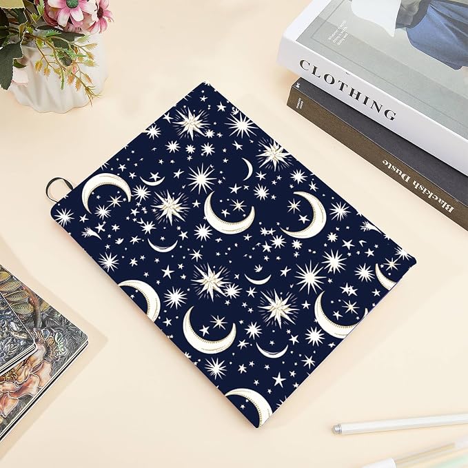 CRASPIRE Moon Star Stretchable Book Cover Navy Blue Washable Reusable Large Nylon Cloth Polyester Book Protector Elastic Notebook Wraps Suitable for Most Hardcover Books