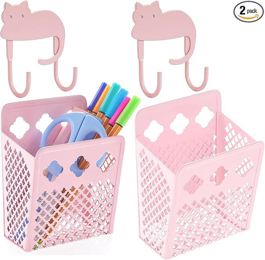 2 Pack Magnetic Pen Holder, Strong Magnet Organizer Dry Erase Marker Holder for Refrigerator, Whiteboard, Locker Accessories Home Office Hanging Pencil Holder with Hooks-Blush