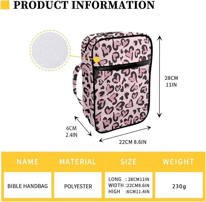 Coldinair Pink Love Leopard Print Bible Cover for Women Teens Kids,Durable Carrying Book Case Church Bag Bible Holder with Handle and Zippered Pocket