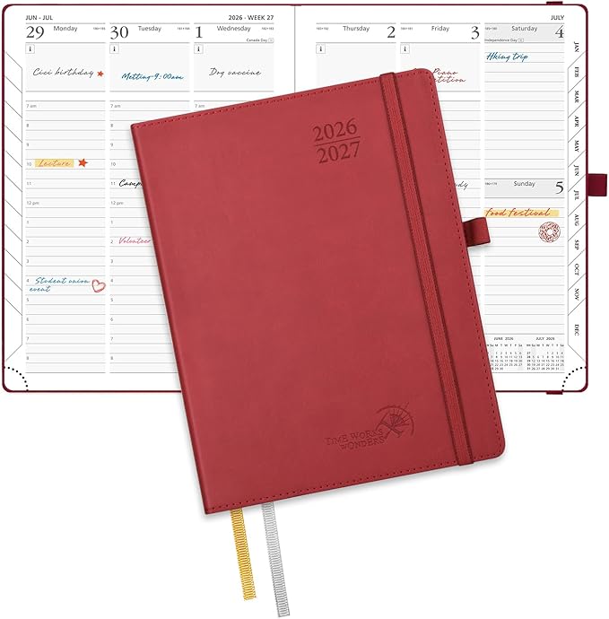 POPRUN Planner 2026-2027, 6.5" x 8.5", Academic Planner 2026-2027 Weekly and Monthly (July 26-June 27) Hourly Appointment Book with Inner Pockets, Leather Soft Cover, 100GSM - Burgundy
