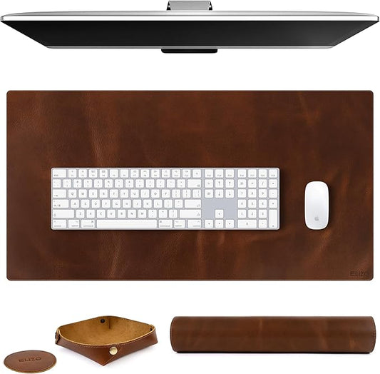 Elizo Real Leather Desk Mat Set (32x16) Large Desk Cover Desk Blotter Protector Computer Gaming Mouse Pad Table Laptop Office Desktop Accessories