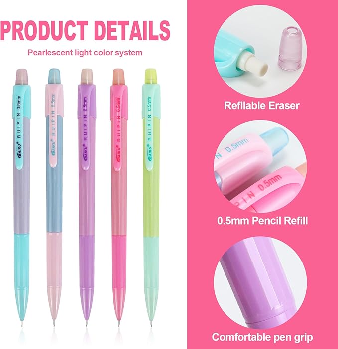 Buqoo Mechanical Pencil Set, 5PCS 0.5mm Cute Pastel Mechanical Pencils, 3 Candy Jelly Gradient Eraser with 80PCS HB 0.5 Lead Refill and Zipper Bag Pencil Kit for Art, Drawing Pencils for Sketching