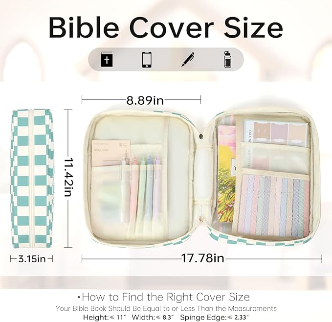Bible Cover Case for Women Corduroy Bible Case for Girls Large Bible Cover with Handle Bible Study Supplies Accessories Christian Gifts for Women (Blue-Checkered, Medium)