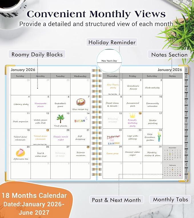 Planner 2026-2027, 18 Months Weekly and Monthly Hardcover Planner, January 2026 - June 2027, 5.75" x 8.38" A5 Daily Calendar Planner Book with Tabs, Spiral Yearly Agenda Organizer Notebook for School Work Home, Sky Blue