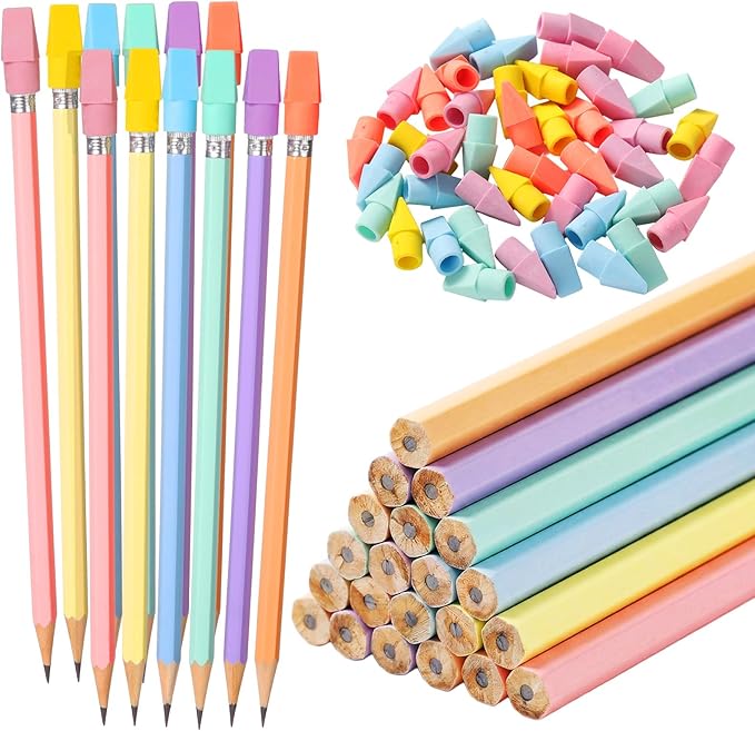 24sets/72pcs Wood-cased Macaron Pastel Colored Pencils, Aesthetic Cute #2 Eco Paper Pencil with 48 Pcs Top Erasers, Unsharpened Pencil Bulk Gifts for Birthday Party Favors Writing Drawing Office