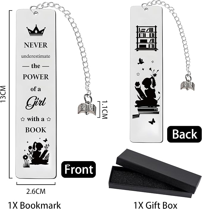 Inspirational Bookmark Gifts for Girls Women - Never Underestimate The Power of a Girl with a Book, Gift for Book Lovers Teachers Friends Readers Students Graduation Birthday Christmas (Silver)