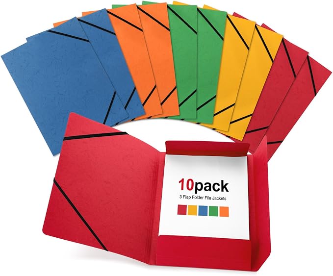 Sabary 10 Pcs A4 3 Flap Folder with Elastic Bands Bulk Portable Classification File Jackets Bulk 12.5 x 9.5 Letter Size Rainbow Binder Pocket Document Organizer Hold 250 Sheet for School Office Home