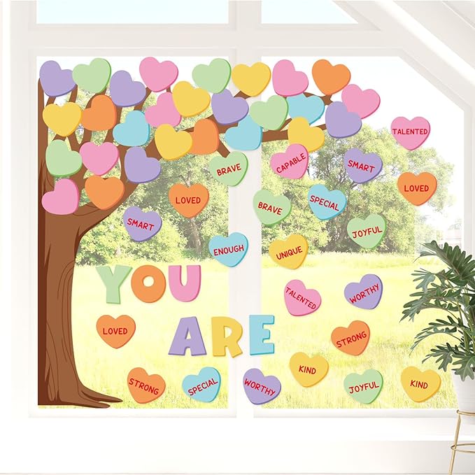 JarThenaAMCS 61Pcs Valentine's Day Classroom Bulletin Board Set Classroom Decoration Conversation Candy Heart Tree Cutout with Glue Points for School Wall Door Decor Party Supplies