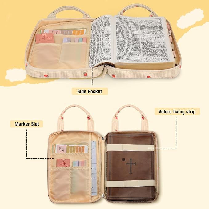 FINPAC Bible Cover Case Tote Bag Water-Resistant Bible Carrying Case Christian Gifts for Church Study Supplies, Corduroy Strawberry