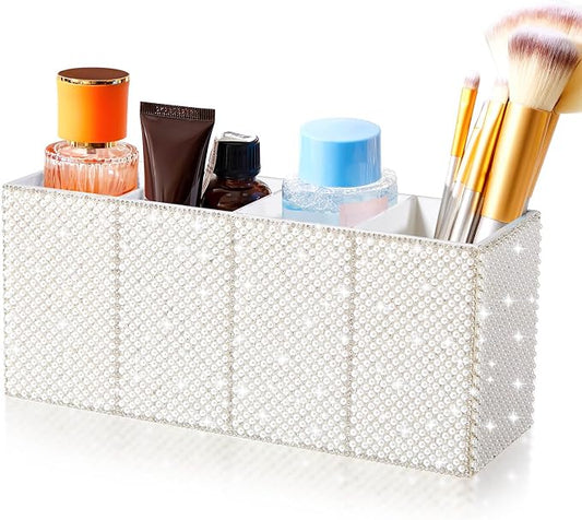 Bling Desk Organizer for Women, Rhinestone Pen Makeup Brush Holder, Girly Desk Accessories Organizer for Office Classroom Elevate Your Workspace with Serenity (Pearl,White)