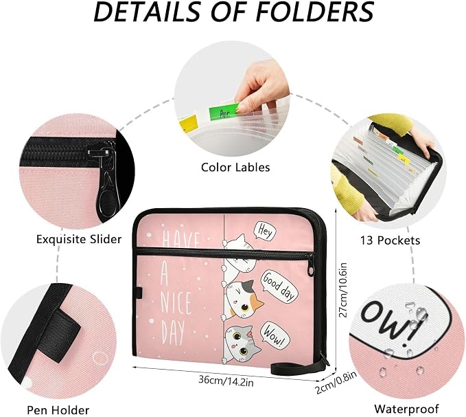 Kawaii Cats Pink Expanding File Folder with Sticky Labels, 13 Pockets Accordion File Folder Document Organizer Expandable Zip File Folder with Zipper Closure