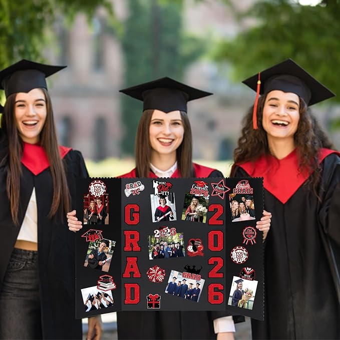 4 Set Graduation Photo Display Board, Class of 2026 Black Red Trifold Poster Board with Grad Pattern Stickers, Graduation Photo Props Collage for Multiple Pictures Party Decorations, 16x24 Inch