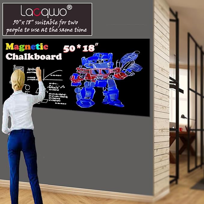 Magnetic Chalkboard Contact Paper 50"x18" Self Adhesive Magnet Wall Board Sticker with 12 Color Chalk for Office Black Chalk Board Wallpaper Roll Alternative to Magnetic Blackboard Paint