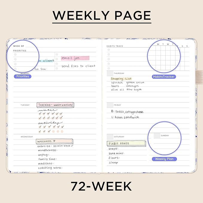 &And Per Se Undated Weekly Planner 2026, A5 size Leather Hardcover Planner with Goals & Habit Tracker – ADHD Planner & Productivity Journal (Blue Flowers)