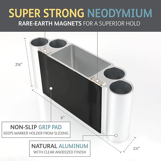 Glassboard Studio Magnetic Dry Erase Marker Holder - Super Strong for Magnetic Glass Whiteboard or Fridge - 2 Large Neodymium Magnets - No Slip Grip - Eco-Friendly PLA Plastic (Steel Gray, KIT)