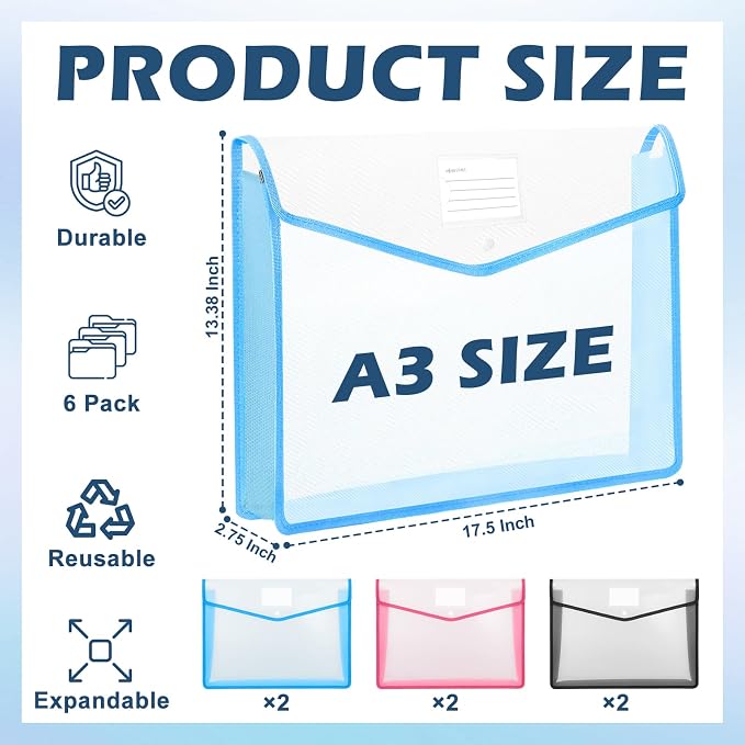 6 PCS 11 x 17 Inch Expandable Tabloid Size Document Folder with Label A3 Plastic Folders for Documents Expanding File Wallet Envelope Size Waterproof Black Pink Blue Clear Plastic File Pouch