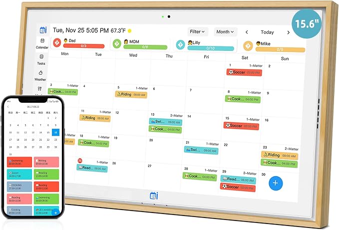 Digital Calendar 15.6 Inch Smart Family Planning & Chore Charts, FHD Smart Touch Screen Home Interactive Electron Calendar,WIFI Sync，Digital Photo Frame Function，Desktop&Wall Planner（Wooden）