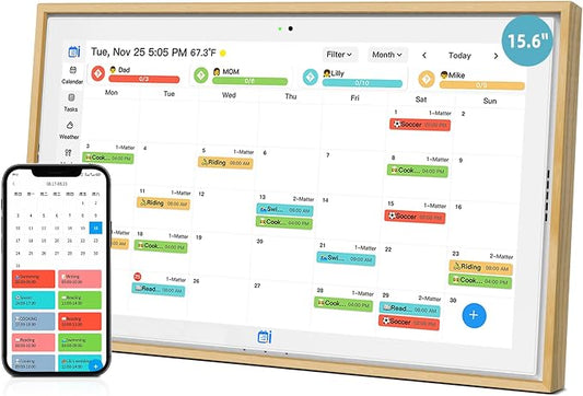 Digital Calendar 15.6 Inch Smart Family Planning & Chore Charts, FHD Smart Touch Screen Home Interactive Electron Calendar,WIFI Sync，Digital Photo Frame Function，Desktop&Wall Planner（Wooden）