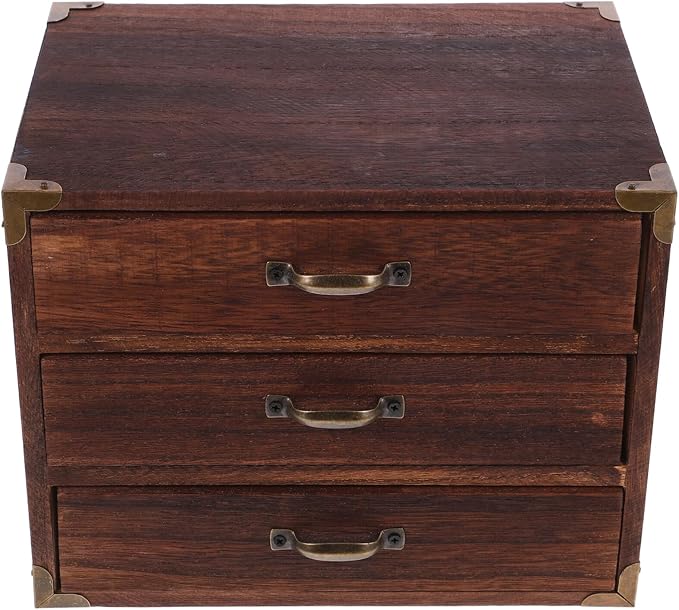 Alipis Wooden Desk Organizer, Wood Desktop Storage Cabinet Desk Drawer Organizer Vintage Treasure Box with Metal Handle for Home Office Counter Decor B